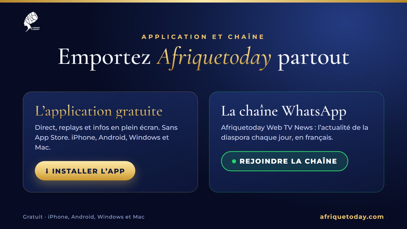 Installez l'application gratuite Afriquetoday et rejoignez la chaîne WhatsApp Afriquetoday Web TV News