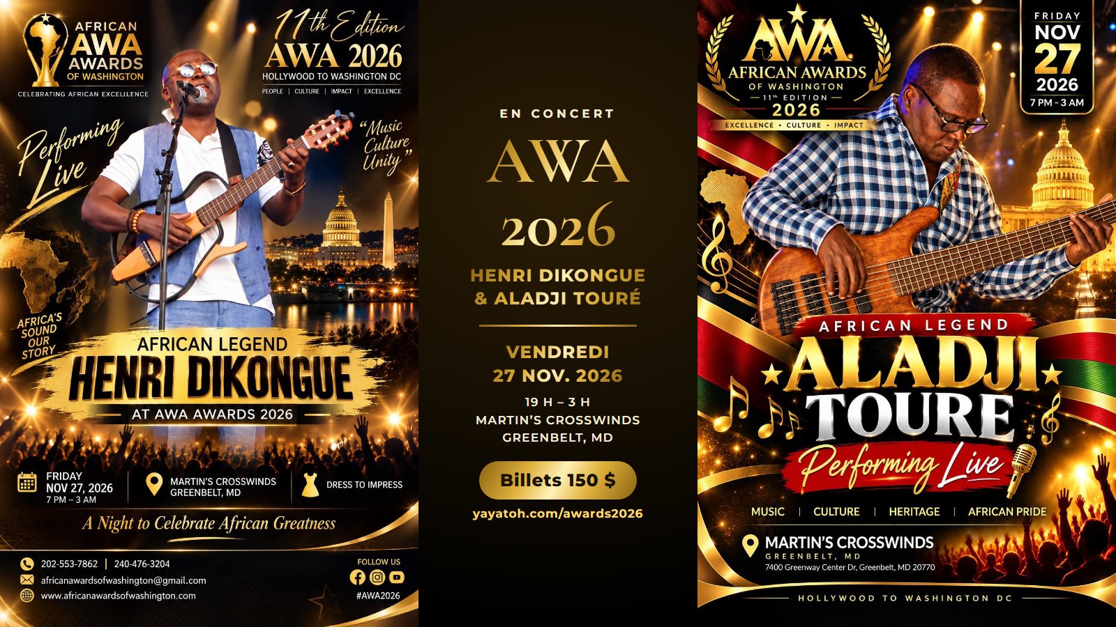 Henri Dikongue et Aladji Touré en concert aux African Awards of Washington le 27 novembre 2026 à Greenbelt, dans le Maryland