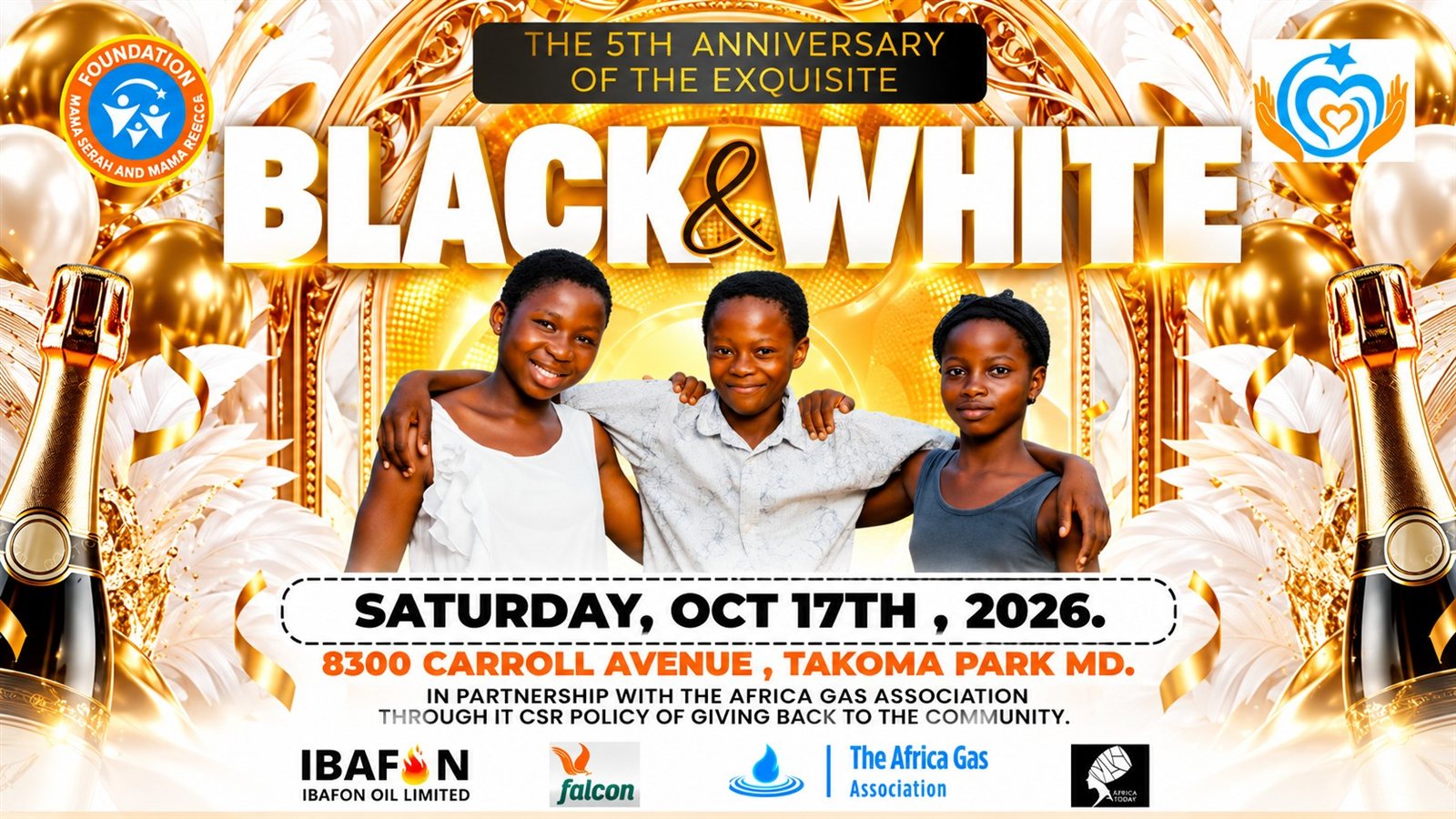 Flyer for the 5th anniversary of The Exquisite Black & White on Saturday, October 17, 2026 at 8300 Carroll Avenue, Takoma Park, Maryland, with three smiling children and partner logos