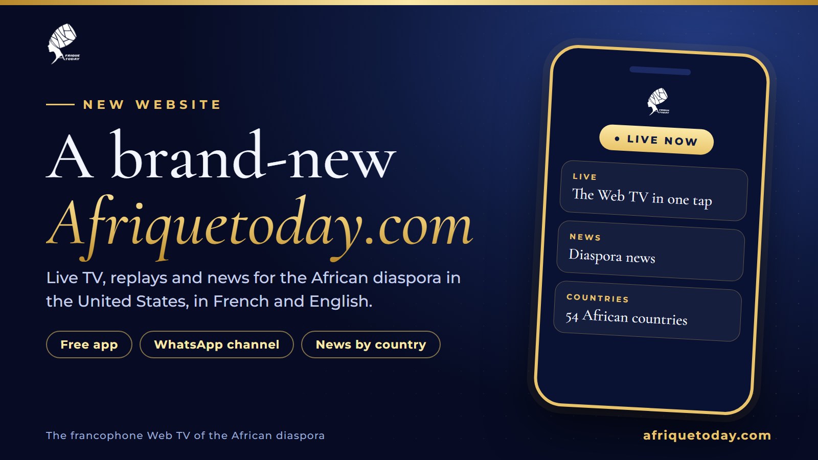 Afriquetoday.com has a new look: Web TV, diaspora news, free app and WhatsApp channel, on a phone screen