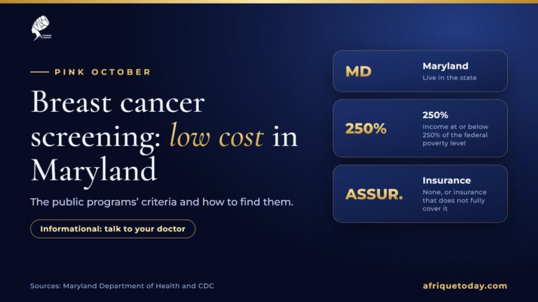 Pink October: low-cost breast cancer screening in Maryland, criteria: live in Maryland, income up to 250% of the poverty level, no or insufficient insurance