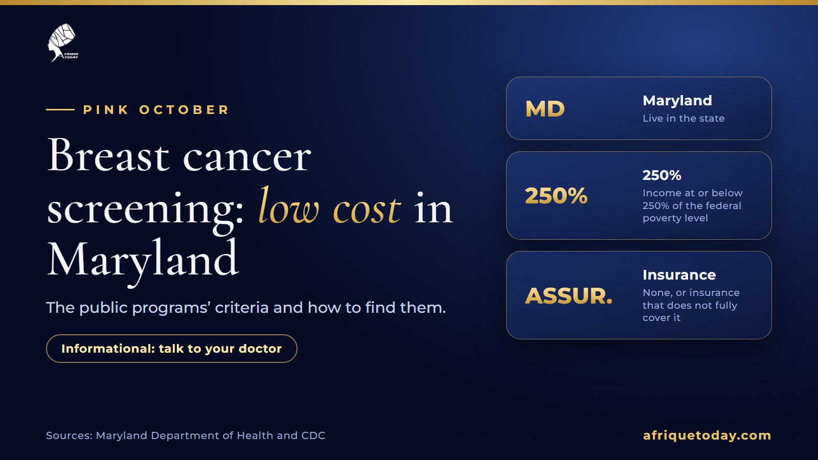 Pink October: low-cost breast cancer screening in Maryland, criteria: live in Maryland, income up to 250% of the poverty level, no or insufficient insurance