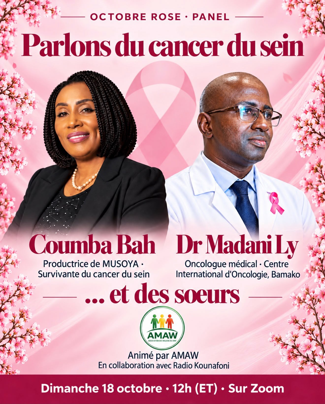 Flyer: Octobre rose panel Parlons du cancer du sein with Coumba Bah and Dr Madani Ly, Sunday October 18 at 12 PM ET on Zoom, hosted by AMAW