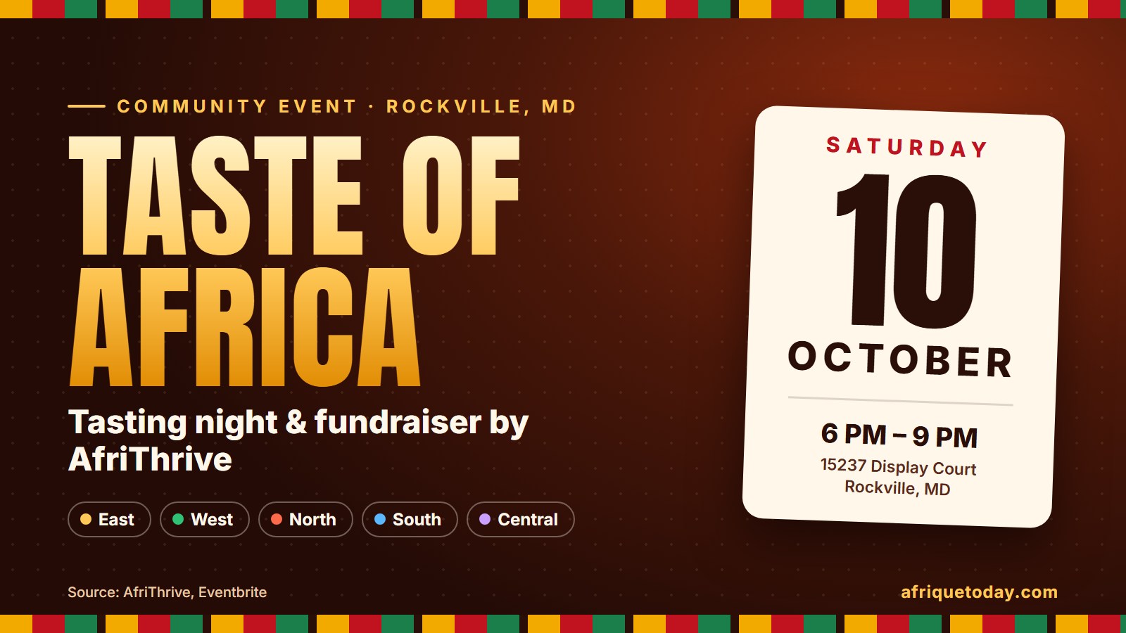 Taste of Africa, AfriThrive culinary fundraiser, Saturday October 10 in Rockville, Maryland