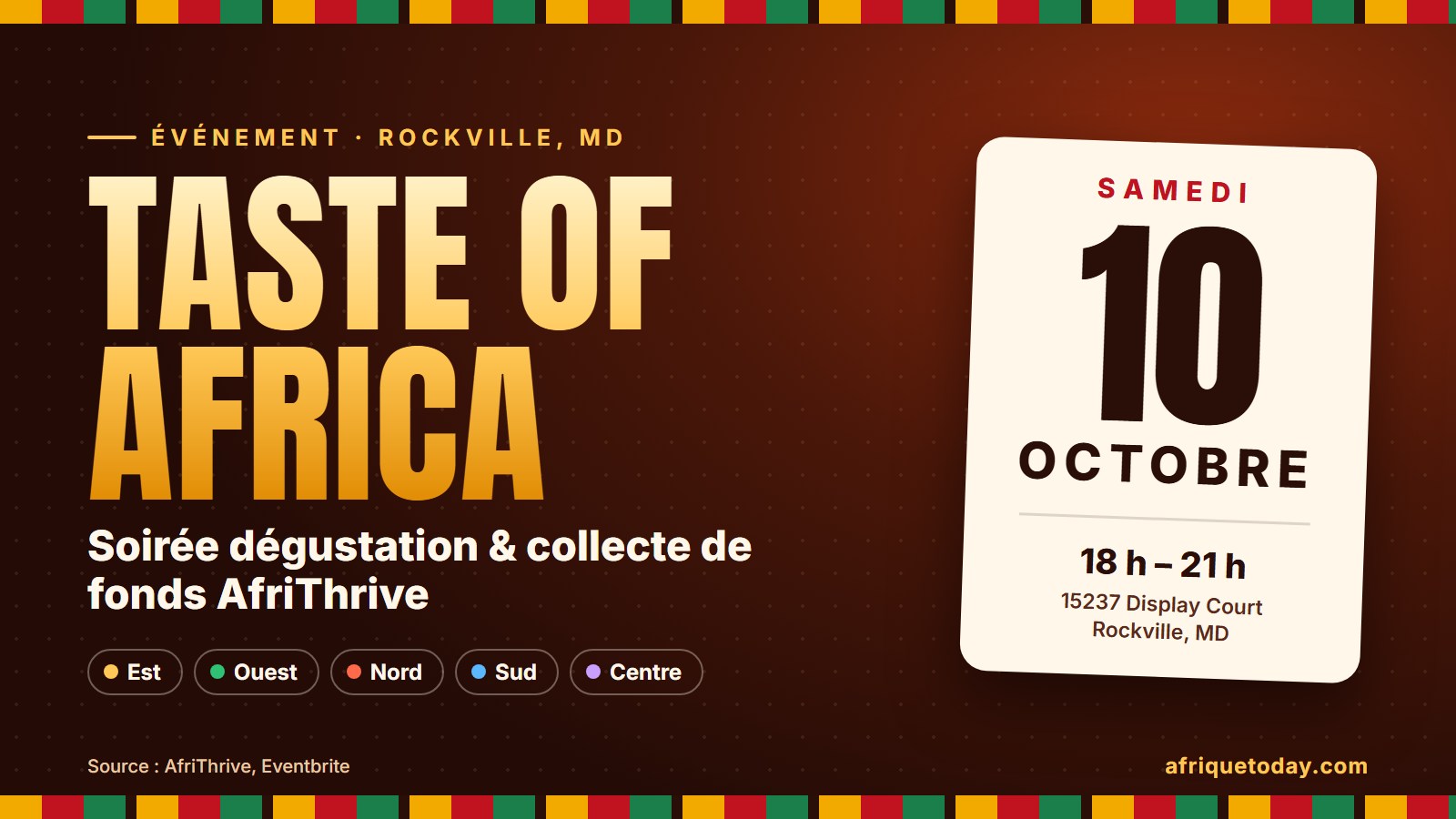 Taste of Africa, collecte de fonds culinaire AfriThrive, samedi 10 octobre à Rockville, Maryland